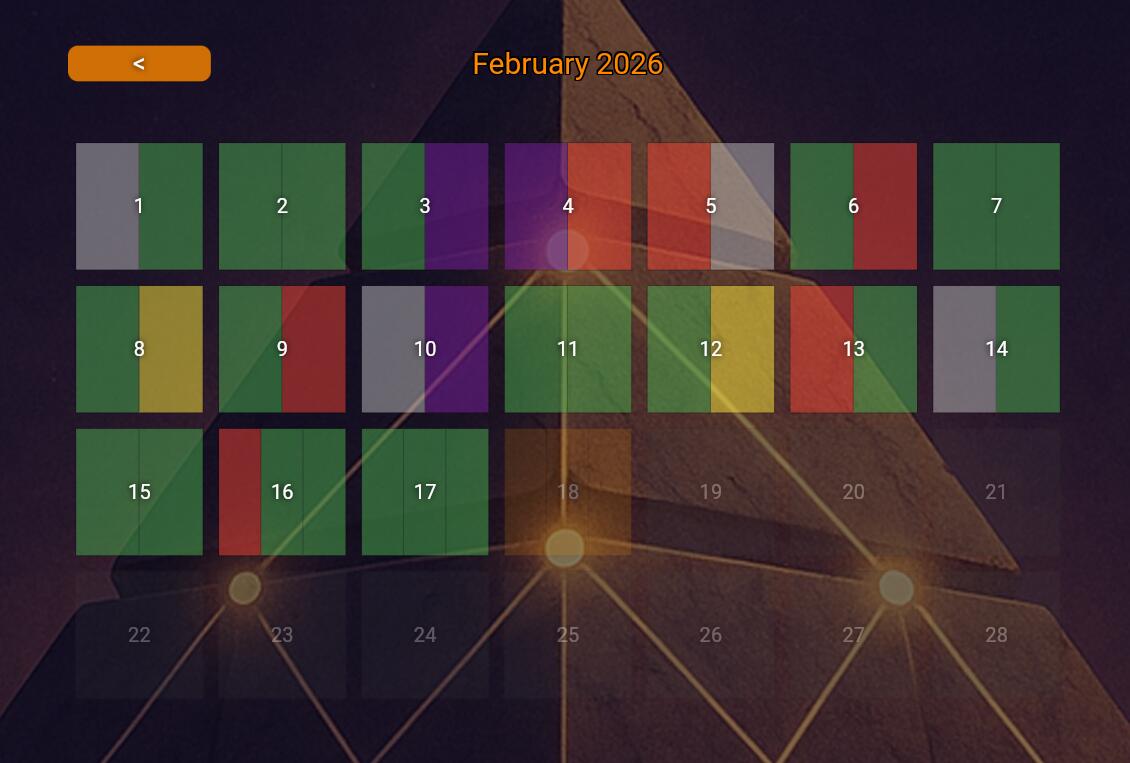 The Pyralinks puzzle calendar showing a month of daily puzzle results as colored squares