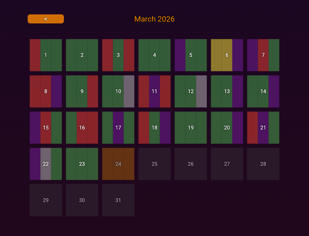 The Pyralinks puzzle calendar showing a month of daily puzzle results as colored squares