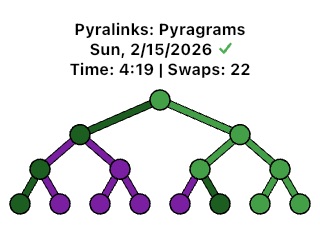 Share image with purple and green links - a solved Pyragrams puzzle with multiple guesses